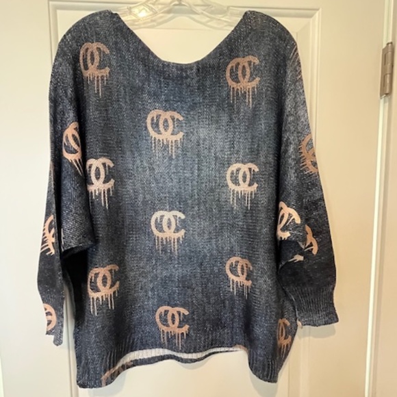 Free For Humanity Navy & Cream Metallic Drip Logo Pullover Sweater OS Oversized - Picture 3 of 10